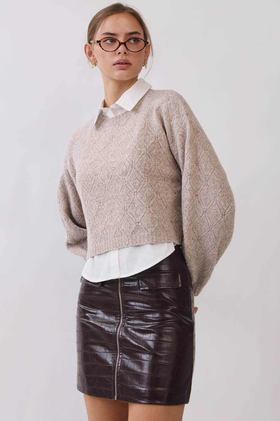 Cropped Textured Knit Sweater