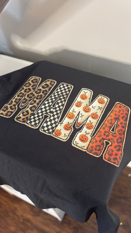 Halloween MAMA Patchwork Tee | Comfort Colors Shirt for MAMA • NANA • GIGI • MIMI