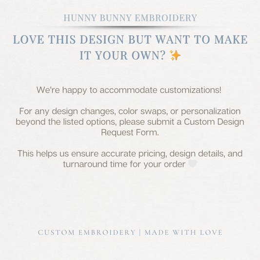 Text message from Hunny Bunny Embroidery about custom design requests on a light gray background.