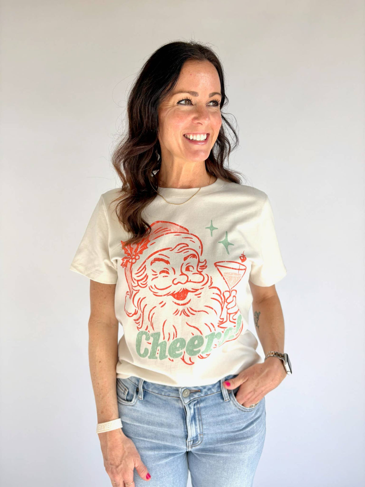 "Cheers! Santa" Mid Length Crop Shirt