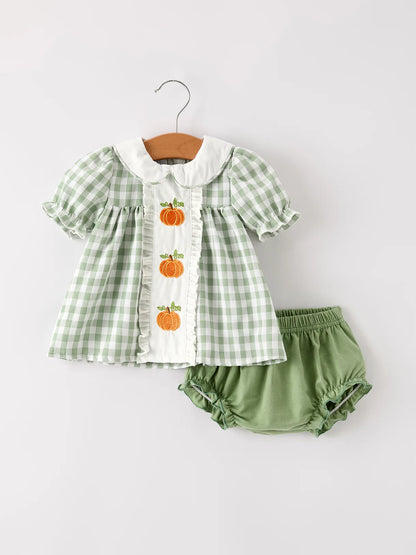 Sage Pumpkin Gingham Bloomer Set