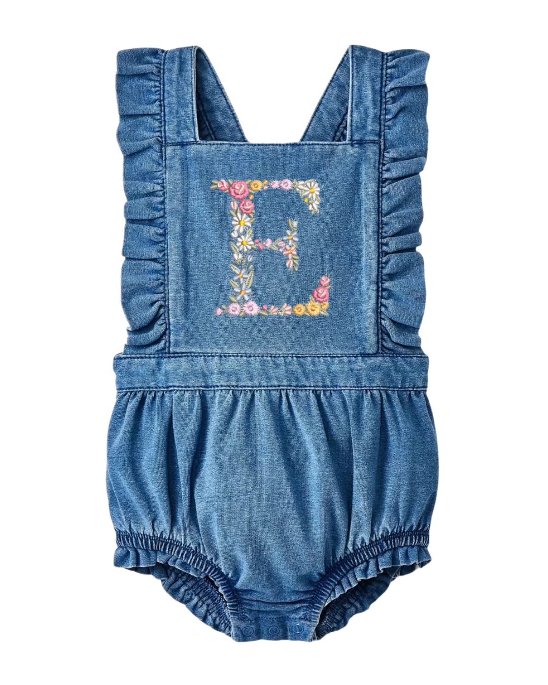 Floral Monogram Baby Denim Ruffle Romper