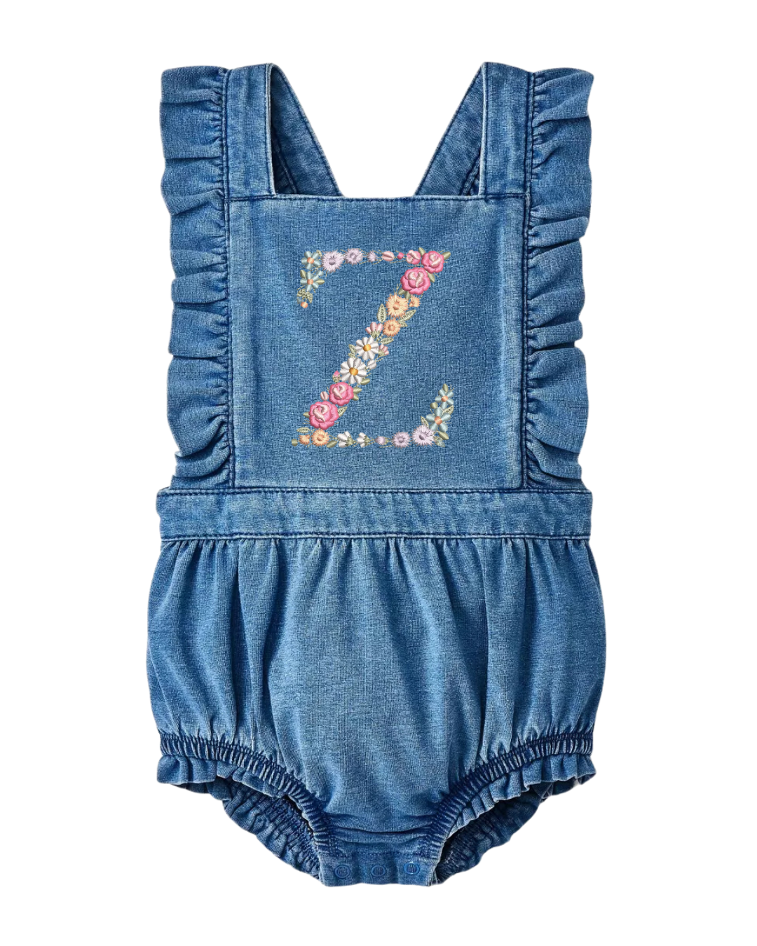 Floral Monogram Baby Denim Ruffle Romper