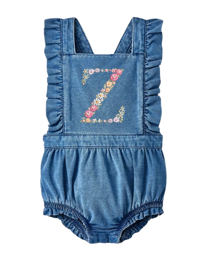 Floral Monogram Baby Denim Ruffle Romper