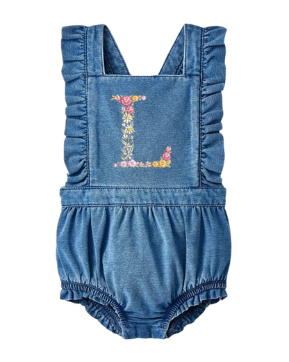 Floral Monogram Baby Denim Ruffle Romper