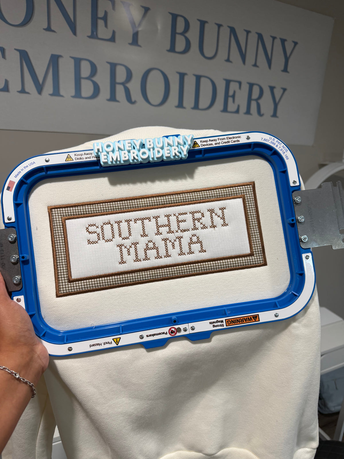 Southern Mama Cross Stitch Gingham Appliqué Mockneck