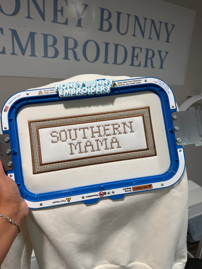 Southern Mama Cross Stitch Gingham Appliqué Mockneck