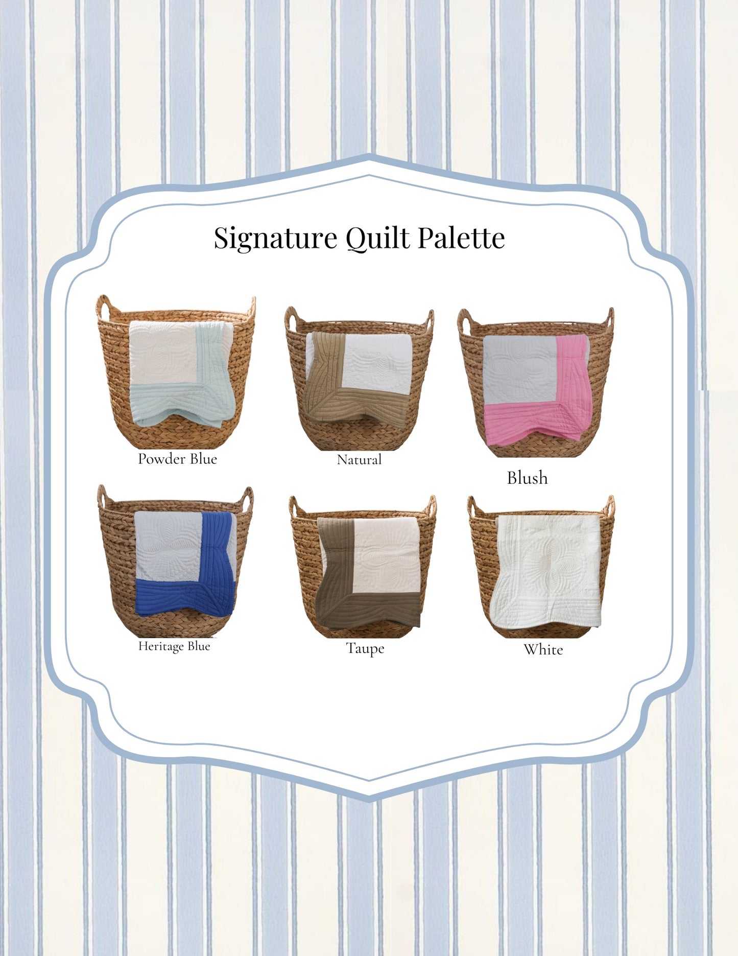 Color swatches for a quilt palette with text 'Signature Quilt Palette' on a striped background.