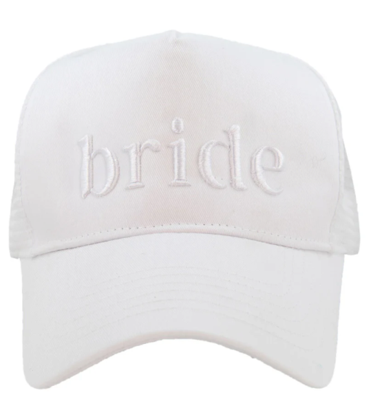 White cap with 'bride' embroidered on it against a white background