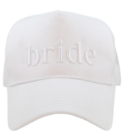White cap with 'bride' embroidered on it against a white background