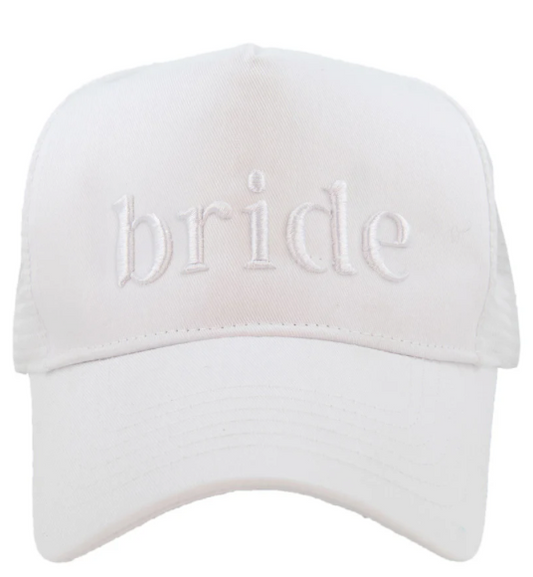 White cap with 'bride' embroidered on it against a white background