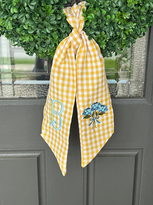 Yellow Gingham Hydrangea Wreath Sash