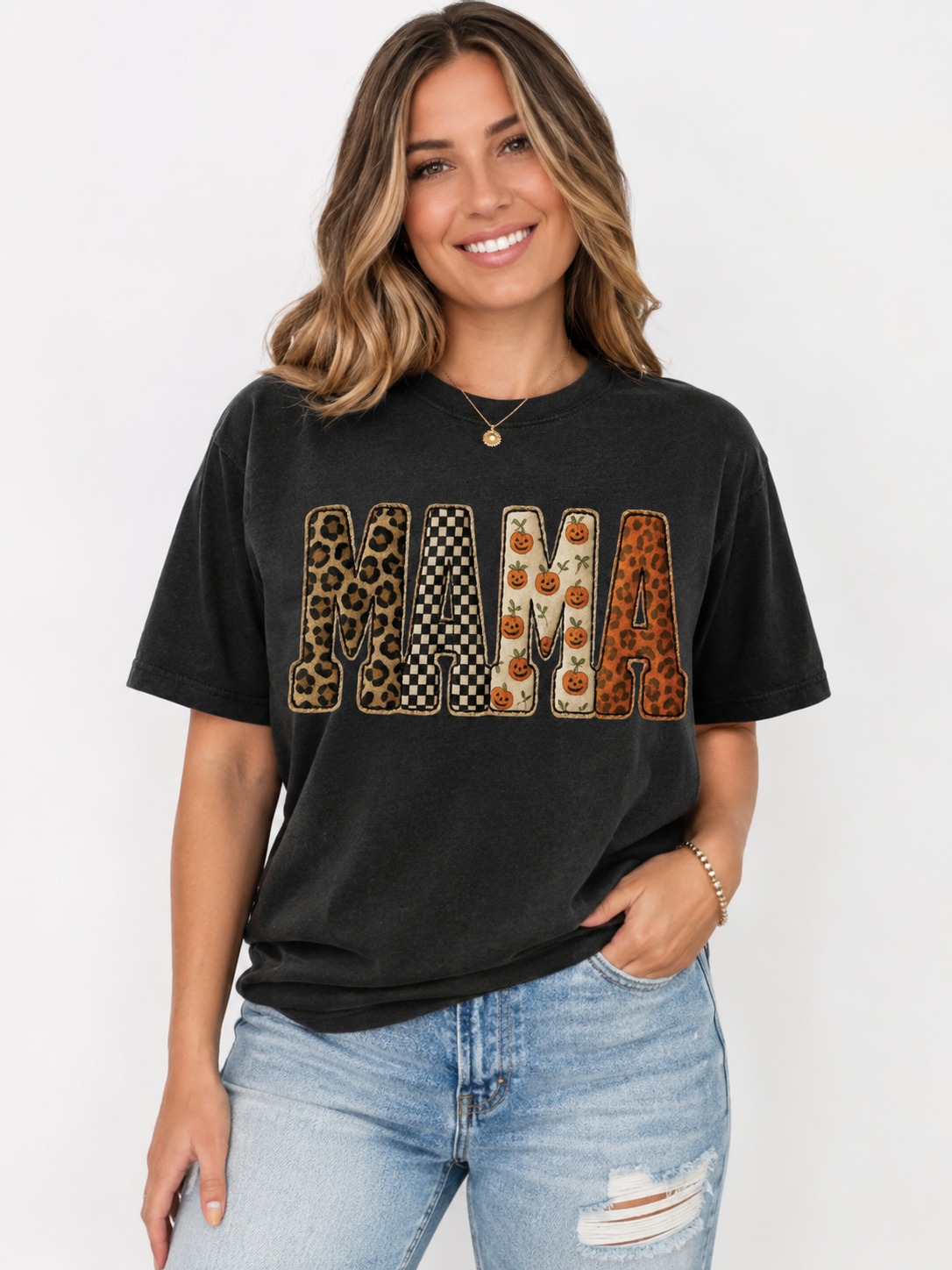 Halloween MAMA Patchwork Tee | Comfort Colors Shirt for MAMA • NANA • GIGI • MIMI