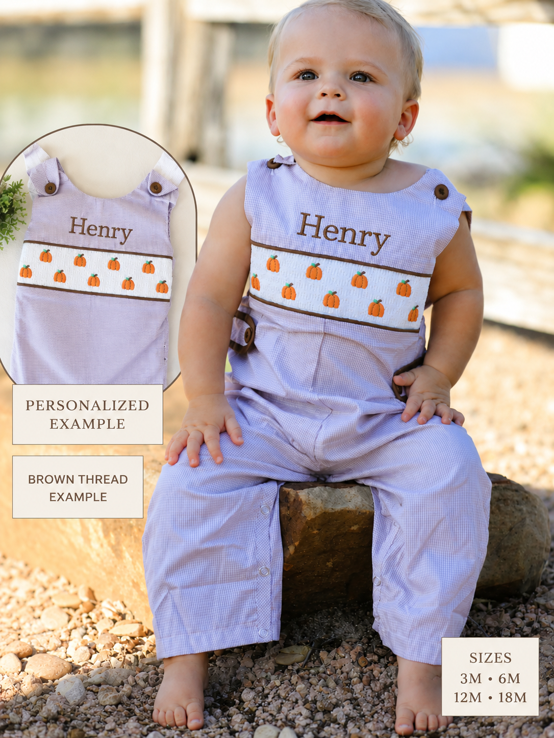 A baby wearing a lavender personalized romper with a pumpkin print chest band and the name 'Henry' embroidered on the chest, sitting on a rock outdoors. The image includes an inset showing a close-up of the personalized pocket area and text boxes indicating brown thread example and sizes.