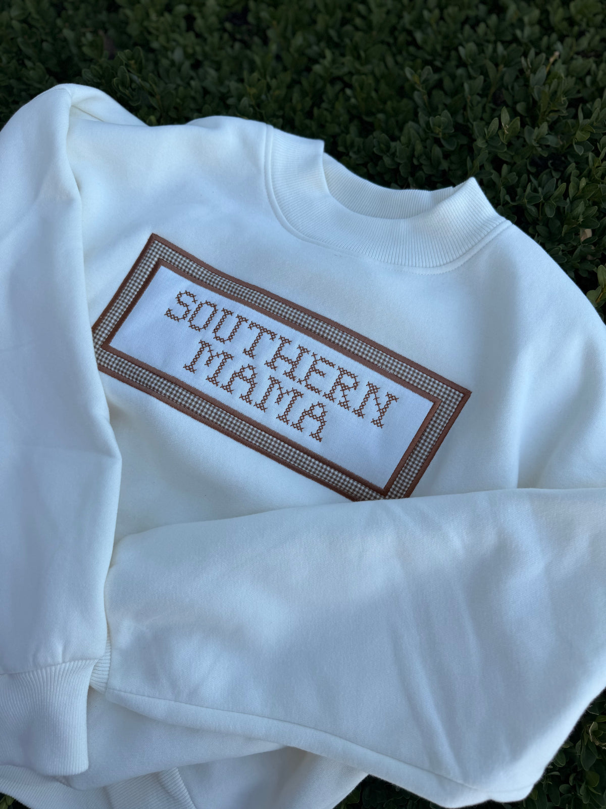 Southern Mama Cross Stitch Gingham Appliqué Mockneck