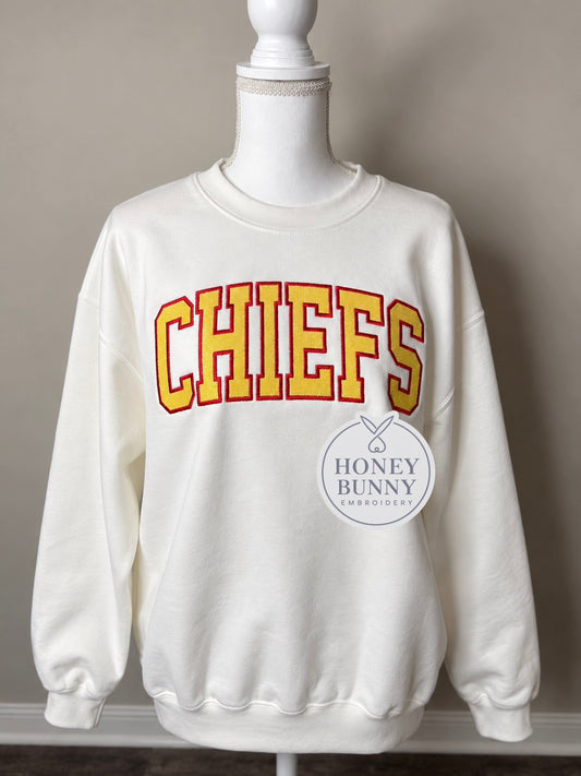 Chiefs Yellow Glitter Applique White Crew