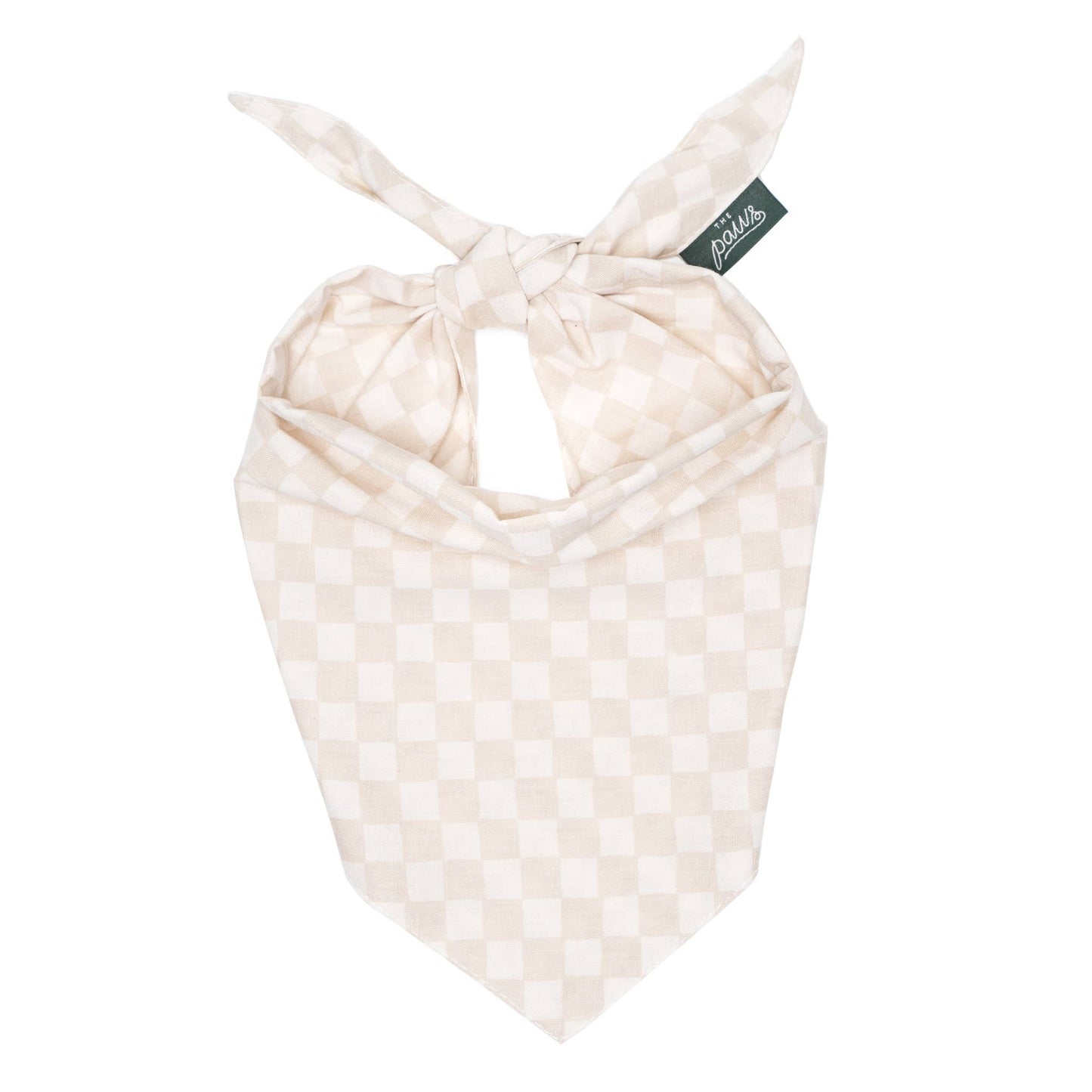 Beige checkered bandana with a brand tag on a white background