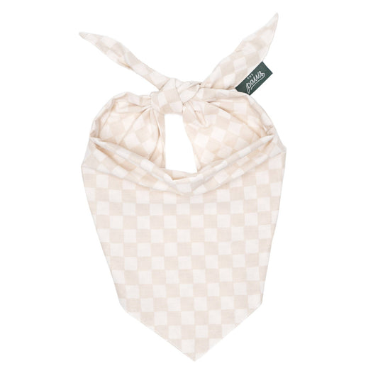 Beige checkered bandana with a brand tag on a white background