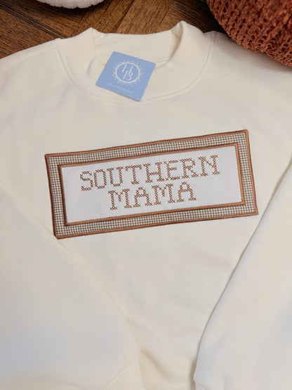 Southern Mama Cross Stitch Gingham Appliqué Mockneck