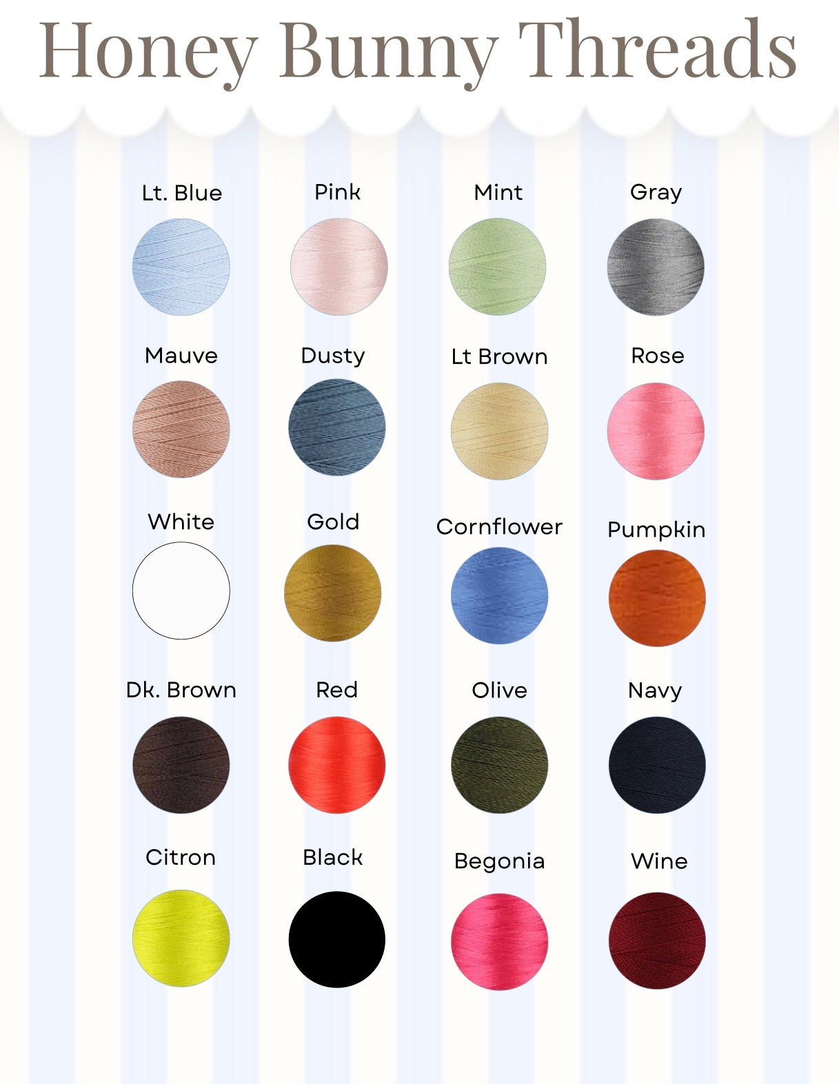 Color swatch chart for Honey Bunny Threads with various color names.