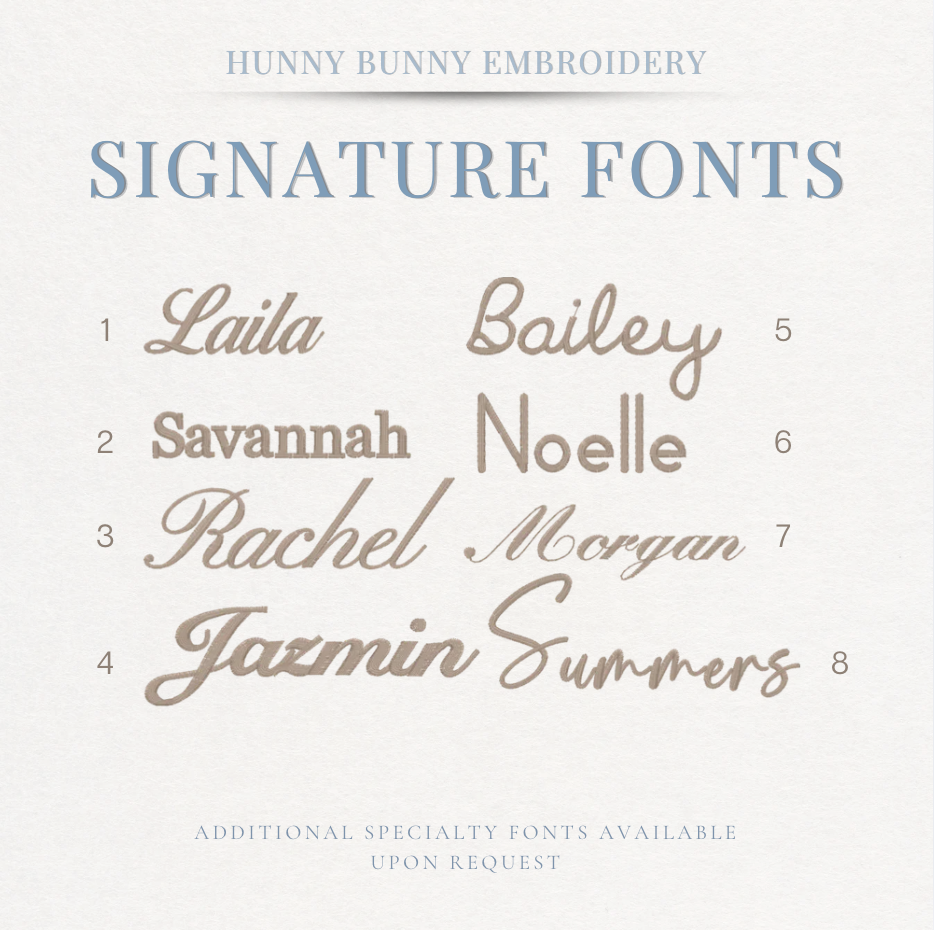 Collection of embroidered names in various fonts by Hunny Bunny Embroidery on a white background.