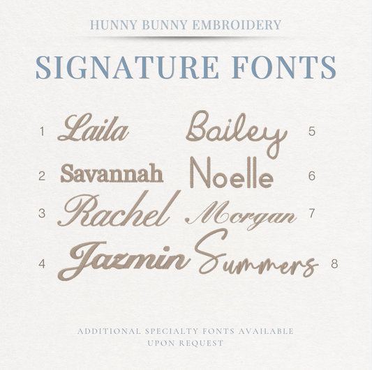 Collection of embroidered names in various fonts by Hunny Bunny Embroidery on a white background.