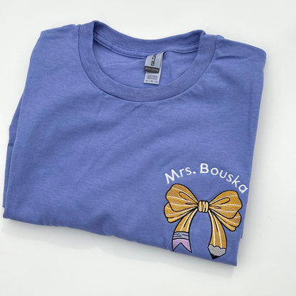 Custom Pencil Bow Teacher Appreciation Name Tee