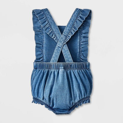 Floral Monogram Baby Denim Ruffle Romper