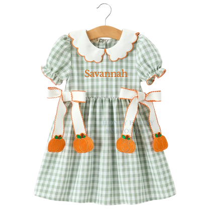 *PREORDER* Sage Gingham Pumpkin Bow Dress