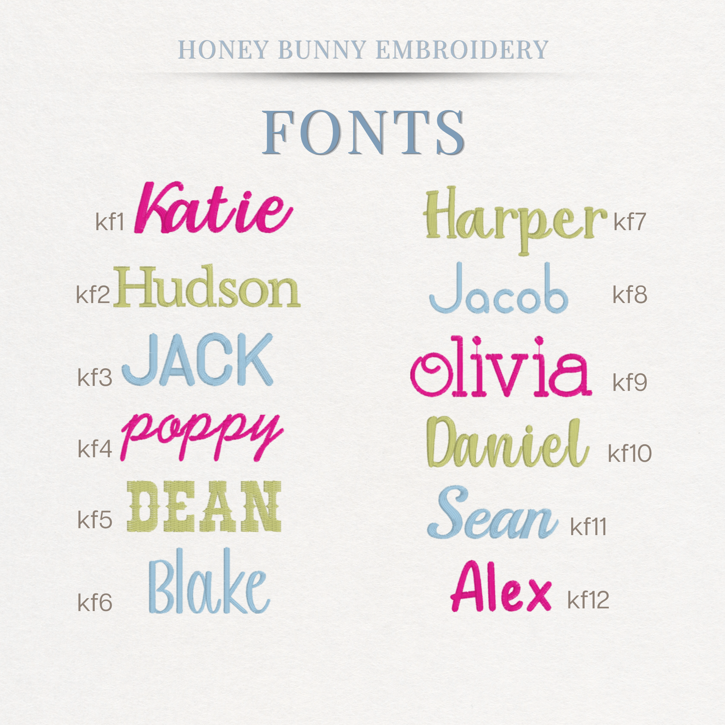 A digital preview sheet showing embroidery font options under the heading 'HONEY BUNNY EMBROIDERY FONTS' on a light textured background. The sheet displays various names in different colors and styles, including Katie, Harper, Jack, Olivia, Daniel, Dean, Blake, Jacob, Sean, and Alex, each paired with a numeric style code like kf1 through kf12.