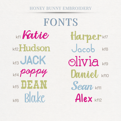 A digital preview sheet showing embroidery font options under the heading 'HONEY BUNNY EMBROIDERY FONTS' on a light textured background. The sheet displays various names in different colors and styles, including Katie, Harper, Jack, Olivia, Daniel, Dean, Blake, Jacob, Sean, and Alex, each paired with a numeric style code like kf1 through kf12.