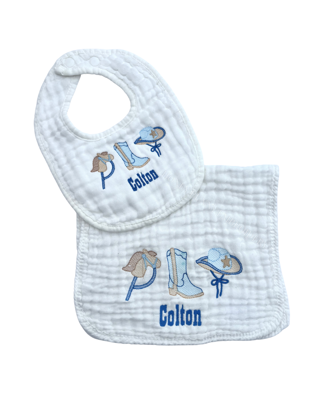 Baby bib and burp cloth set with cowboy-themed designs and 'Colton' text on a white background