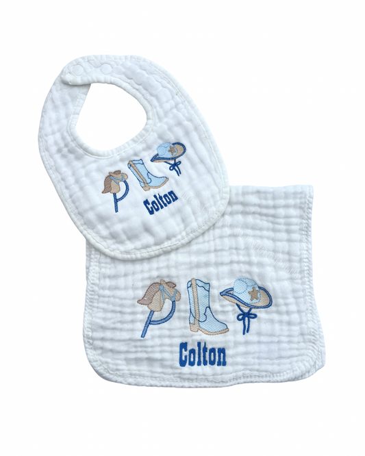 Baby bib and burp cloth set with cowboy-themed designs and 'Colton' text on a white background