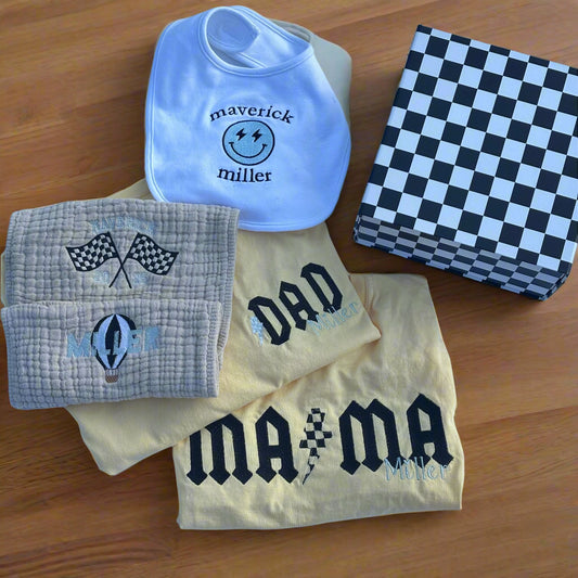 Checkered Bolt Last Name Mama Tee – Custom Colors