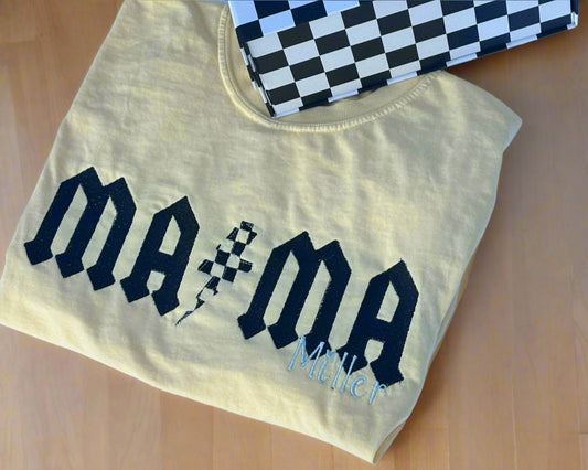 Checkered Bolt Last Name Mama Tee – Custom Colors