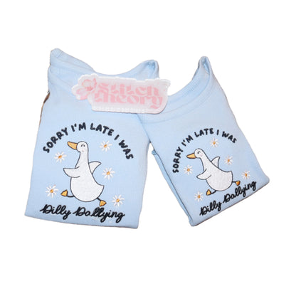 Sorry I’m Late I Was Dilly Dallying” Duck Ruffle Hem Toddler Tee