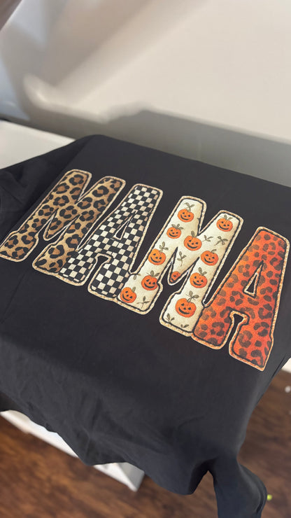 Halloween MAMA Patchwork Tee | Comfort Colors Shirt for MAMA • NANA • GIGI • MIMI