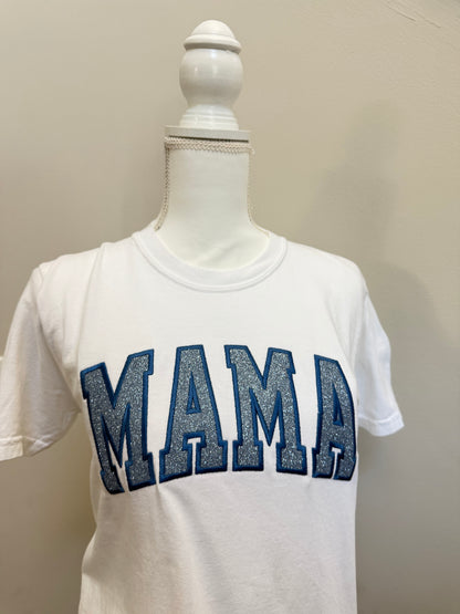 Blue Glitter Mama White Tee