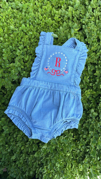 Patriotic Star Frame Denim Ruffle Romper