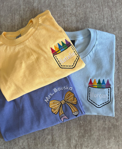 Custom Pencil Bow Teacher Appreciation Name Tee
