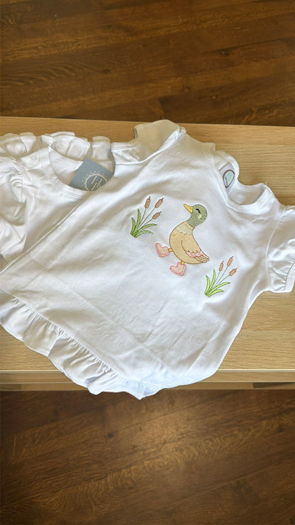 Mallard in Rainbows Sketch Stitch Ruffle Tee