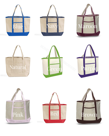Collection of tote bags in various colors with labels on a white background