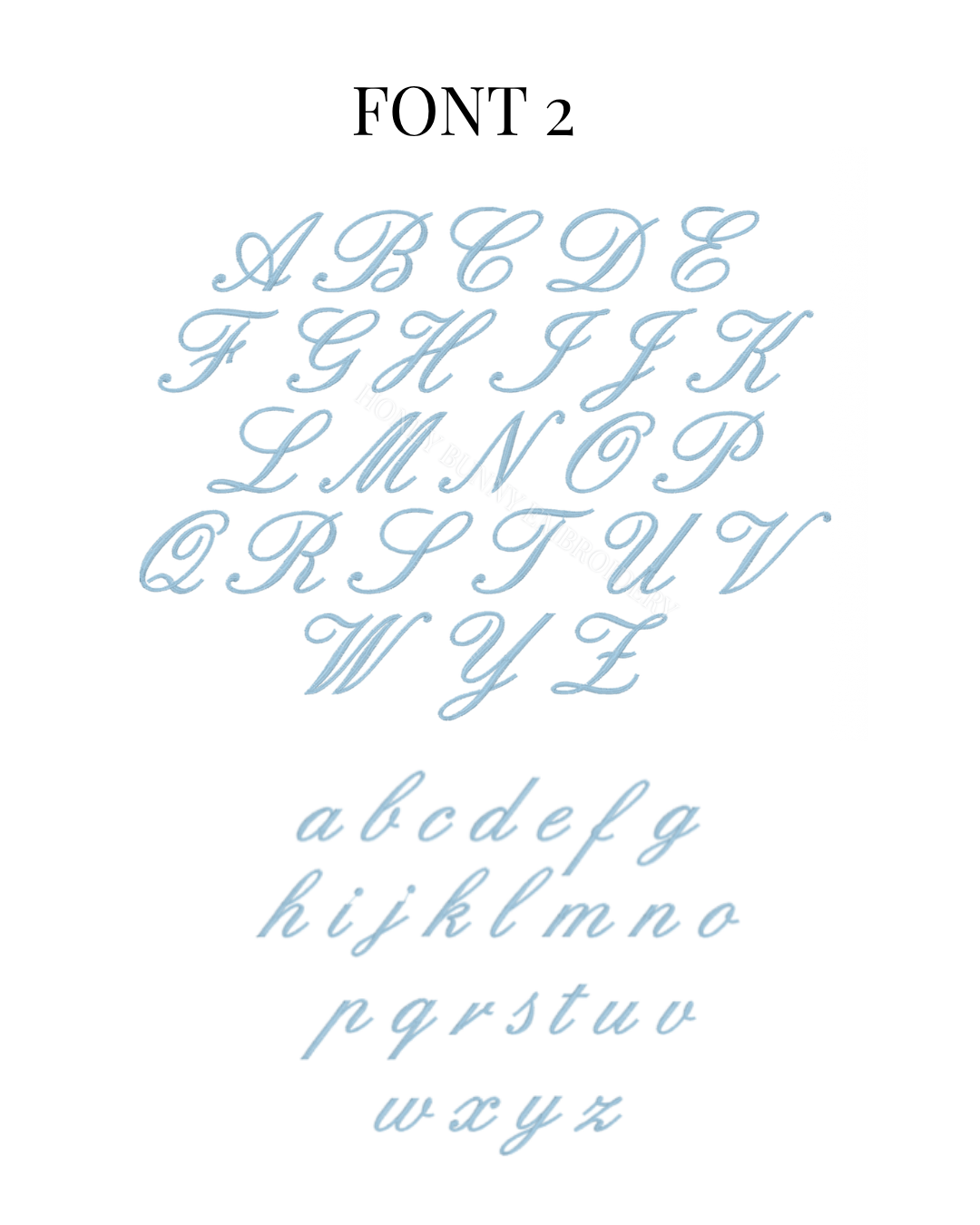 Cursive alphabet letters on a white background with 'FONT 2' at the top.
