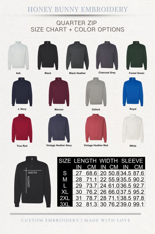 Color chart and size chart for quarter zip sweatshirts with various color options.