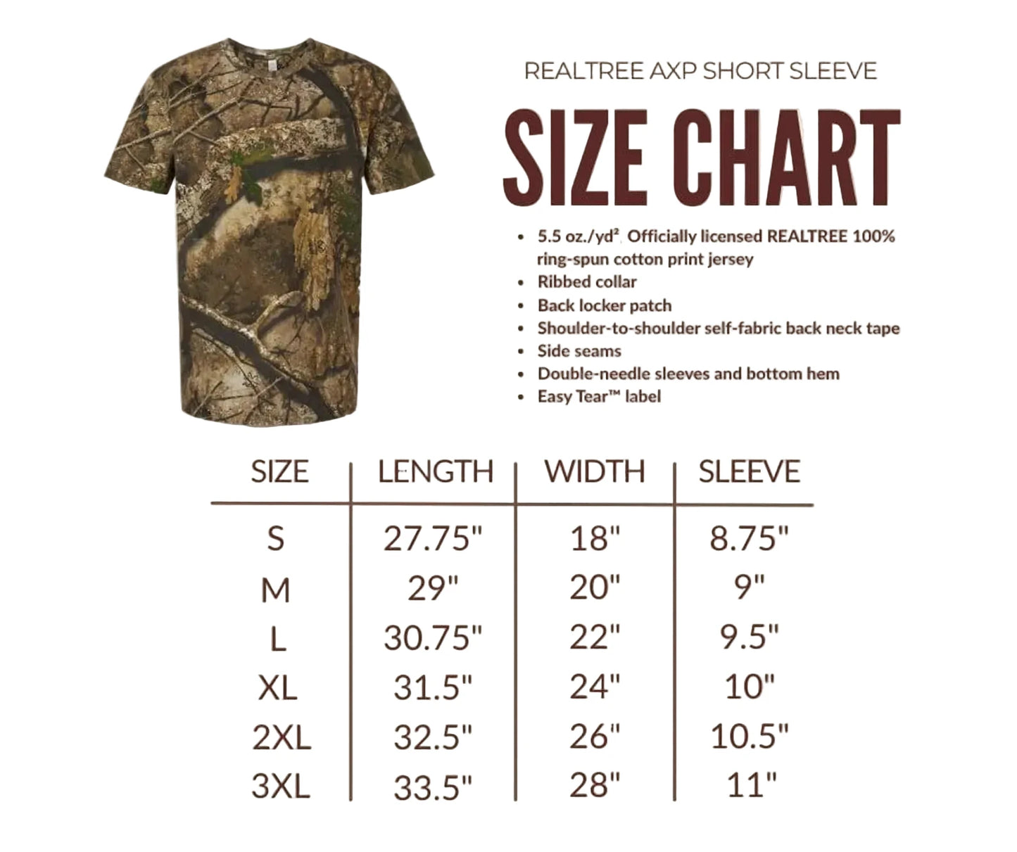 Camouflage t-shirt with size chart on a white background