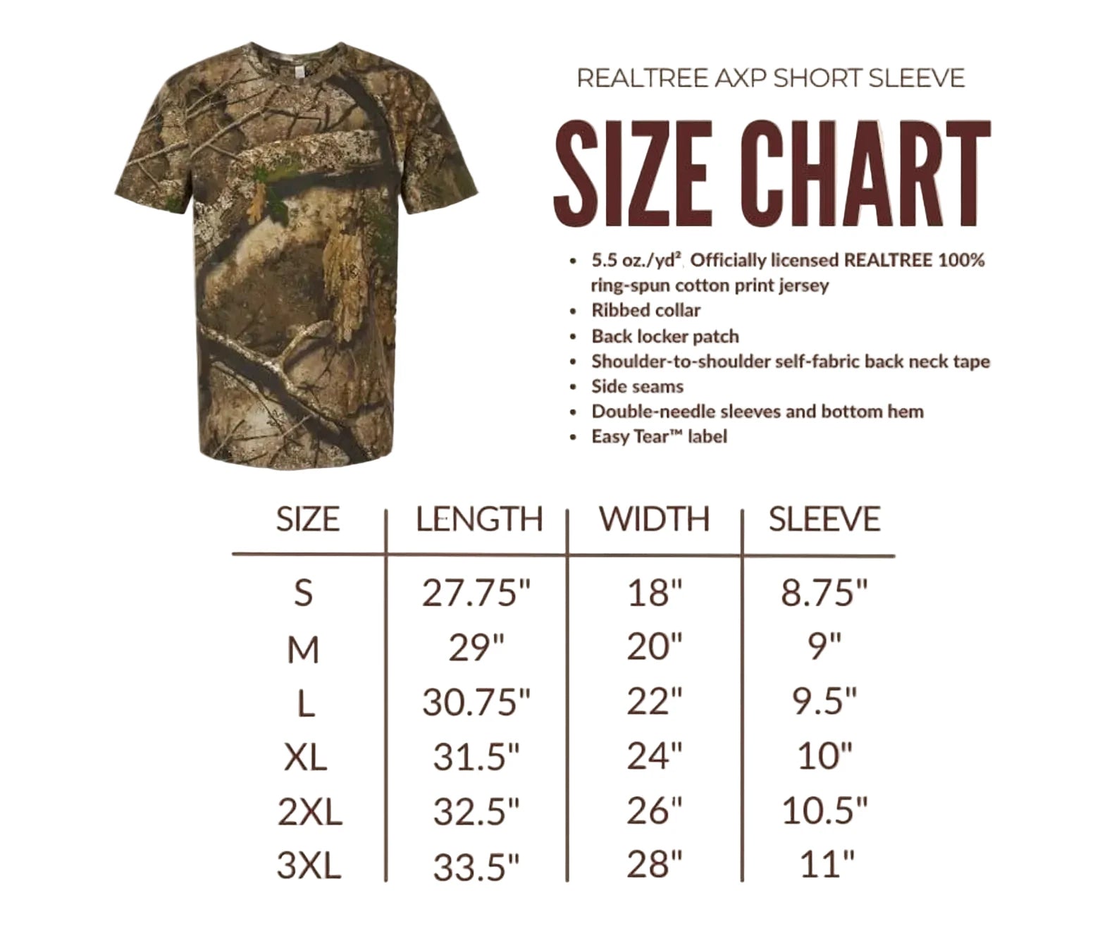 Camouflage t-shirt with size chart on a white background
