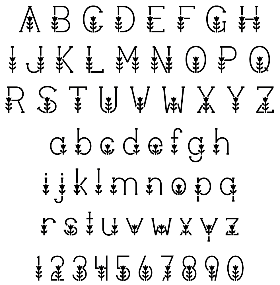 Decorative alphabet and numbers with leaf-like designs on a white background