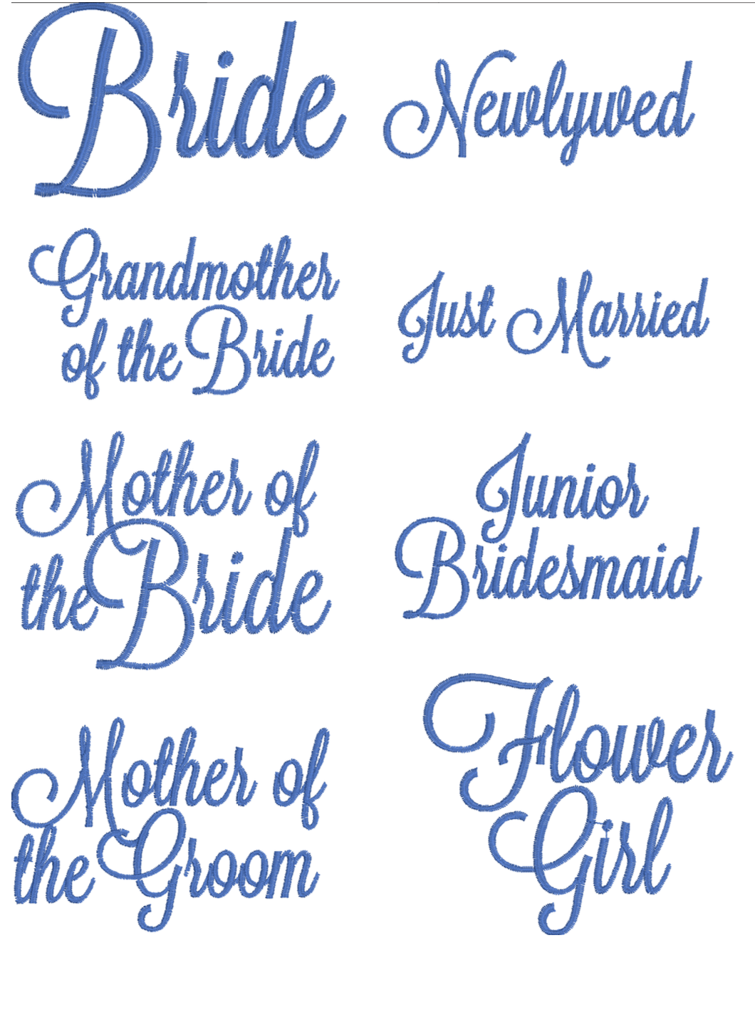 Set of blue text labels for wedding roles on a white background