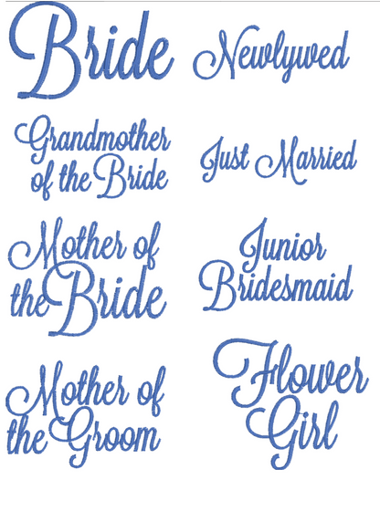 Set of blue text labels for wedding roles on a white background