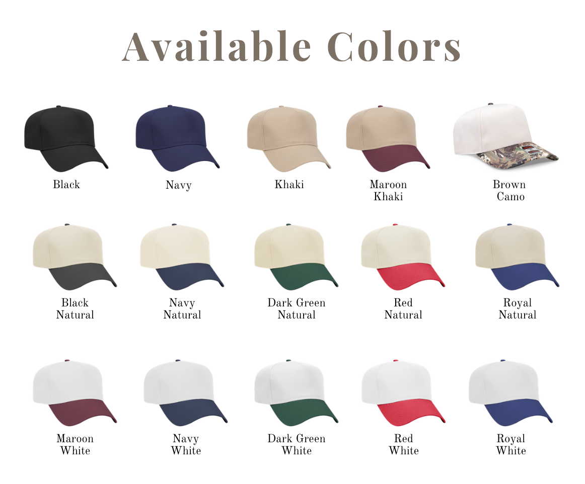 Color chart of baseball caps with various color options on a white background